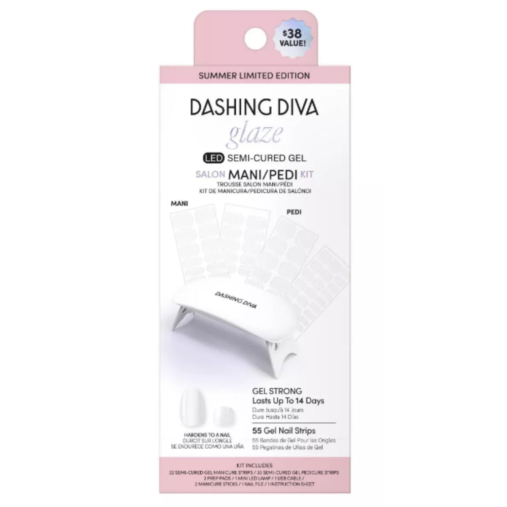 Dashing Diva Glaze LED Semi-Cured Gel Salon Mani + Pedi Kit, Gel Nail Strips, Rice Milk, 55 Count
