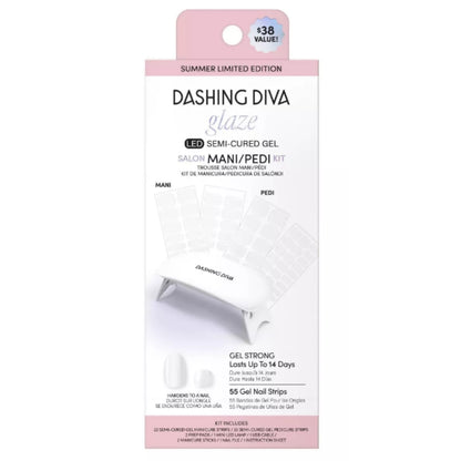 Dashing Diva Glaze LED Semi-Cured Gel Salon Mani + Pedi Kit, Gel Nail Strips, Rice Milk, 55 Count