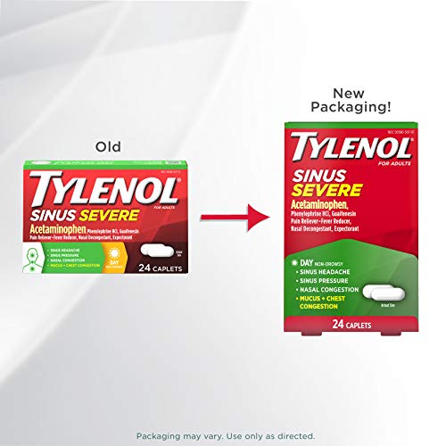 Tylenol Sinus Severe Daytime Cold & Flu Relief Medicine Caplets, Non-Drowsy Pain Reliever, Fever Reducer Expectorant & Decongestant, Acetaminophen, Guaifenesin & Phenylephrine HCl, 24 ct