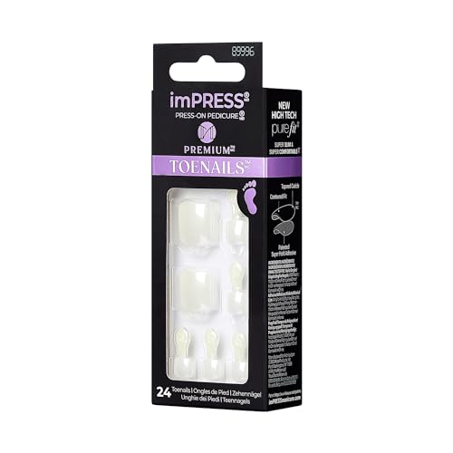 KISS imPRESS No Glue Pedi Press-On Toenails, White Nails with Pearl, Squoval Shape, Includes 24 Nails, Prep Pad, 1 Manicure Stick, 1 Mini File