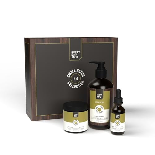 Every Man Jack Small Batch Beard Set - Hinoki Spice Fragrance - Perfect for Every Guy - Full-Sized Grooming Essentials - Beard + Face Wash, Hydrating Beard Oil and Beard Butter