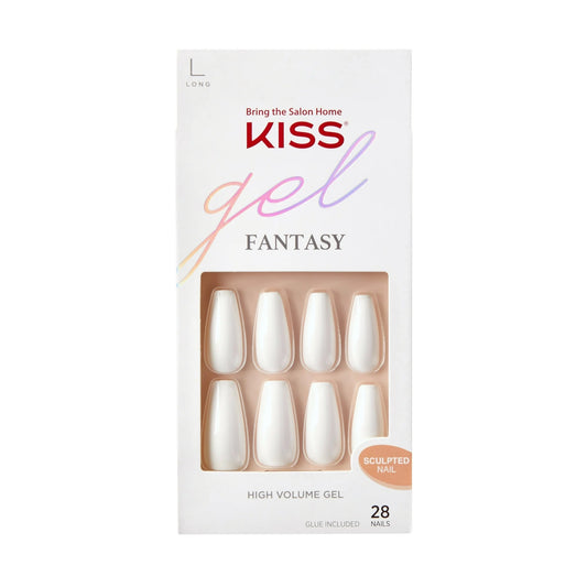 KISS Gel Fantasy Press On Nails, Nail glue included, 'True Color', White, Long Size, Coffin Shape, Includes 28 Nails, 2g glue, 1 Manicure Stick, 1 Mini File