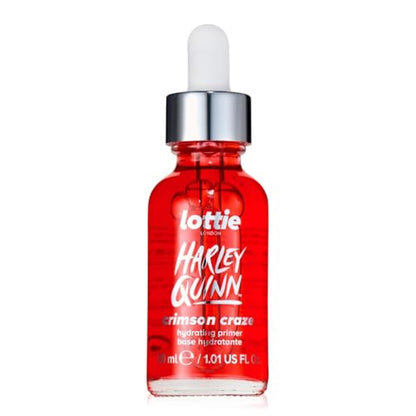 Lottie London x Harley Quinn Crimson Craze Primer, Hydrating crimson serum-primer that grips makeup for long-wear for a dewy glow finish