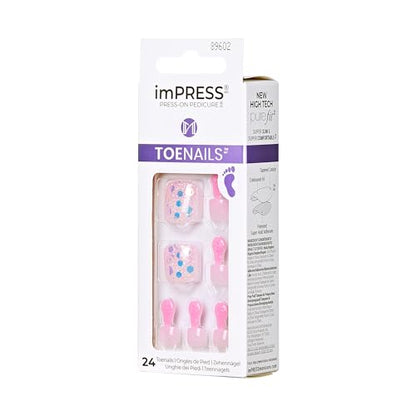 KISS imPRESS No Glue Pedi Press-On Toenails, Light Pink, Glitter, Squoval Shape, Includes 24 Nails, Prep Pad, 1 Manicure Stick, 1 Mini File