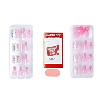 KISS imPRESS No Glue Pedi Press-On Toenails, Light Pink, Glitter, Squoval Shape, Includes 24 Nails, Prep Pad, 1 Manicure Stick, 1 Mini File