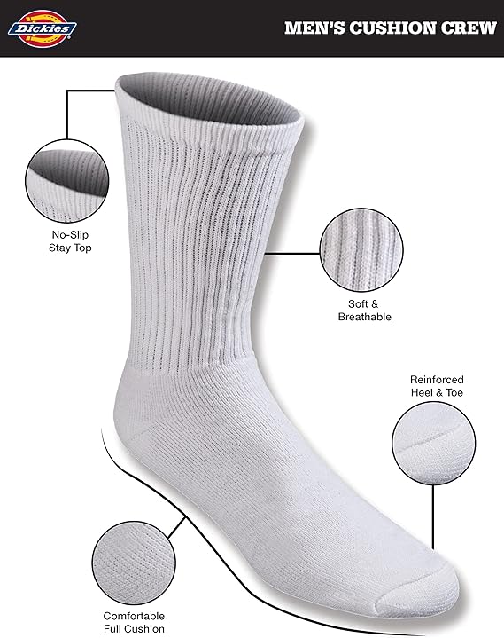 Genuine Dickies Men's Industrial Strength Cushion Crew Work Socks, White, 3-Pack