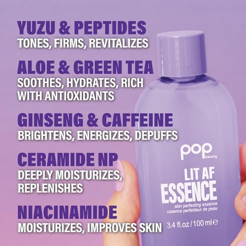 POP Beauty LIT AF ESSENCE - Botanical Gel Essence, Replenish Hydration and Brighten Skin with Niacinamide and Peptides | 3.4 Fl Oz