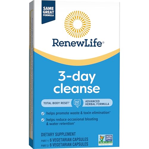 Renew Life 3-Day Cleanse Total Body Reset 2-Part Detox Cleanse Capsules, Digestive Wellness and Regularity, Herbal Blend with Magnesium and Cranberry, Soy, Dairy and gluten-free 12 Count