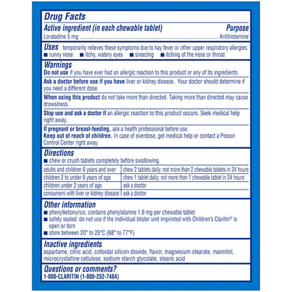 Children's Claritin 24 Hour Non-Drowsy Allergy Relief, Loratadine Antihistamine Bubblegum Chewable Tablets, Dye-free, 30 Count