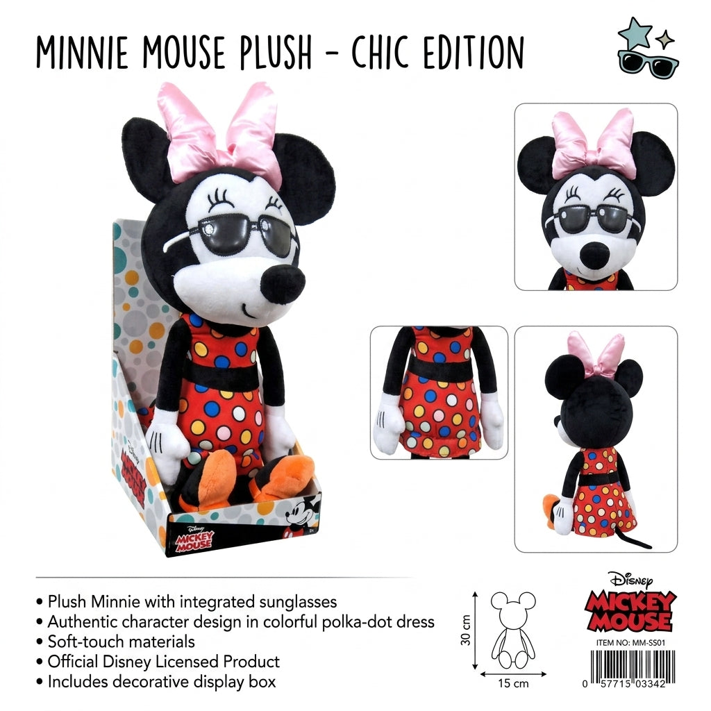Disney Minnie Mouse Trendy Sunglasses Large Plush Toy Pink Bow Polka Dot Dress