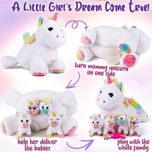 5 in 1 Unicorn Mommy Stuffed Animal with 4 Baby Unicorns in Her Tummy, Soft Unicorn Plush Toys Set, Christmas Birthday Gifts for Baby, Toddler, Kids Ages 3+