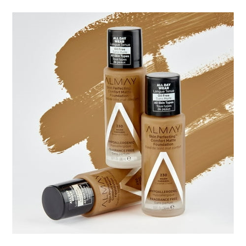 Almay Skin Perfecting Comfort Matt Foundation Makeup, Hypoallergenic, 230 Warm Caramel, 1 fl oz