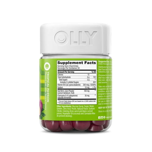 OLLY Daily Energy Gummy Supplement with CoQ10 & B12, Caffeine Free, Tropical, 60 Ct