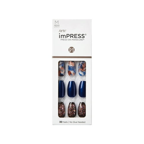 KISS imPRESS Press-On Nails, Medium Length, ‘Indigo Autumn’, 30 Count