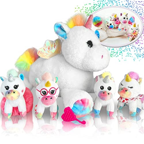 5 in 1 Unicorn Mommy Stuffed Animal with 4 Baby Unicorns in Her Tummy, Soft Unicorn Plush Toys Set, Christmas Birthday Gifts for Baby, Toddler, Kids Ages 3+