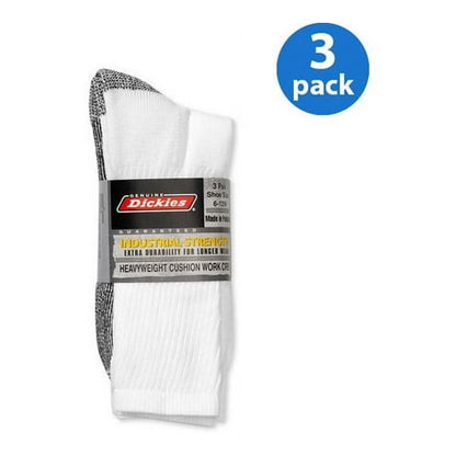 Genuine Dickies Men's Industrial Strength Cushion Crew Work Socks, White, 3-Pack