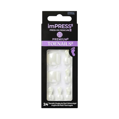 KISS imPRESS No Glue Pedi Press-On Toenails, White Nails with Pearl, Squoval Shape, Includes 24 Nails, Prep Pad, 1 Manicure Stick, 1 Mini File