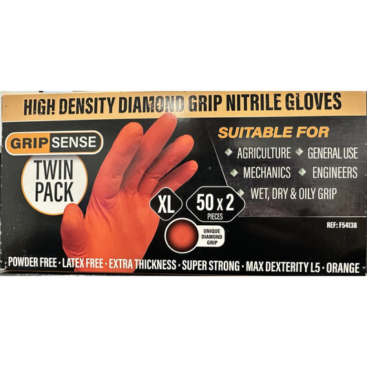 GripSense Nitrile Gloves (2 Packs of 50) - High Density Diamond Grip Orange Gloves - Latex & Powder Free Orange Nitrile Gloves X Large - Mechanic Gloves Extra Thick & Super Strong - Max Dexterity L5