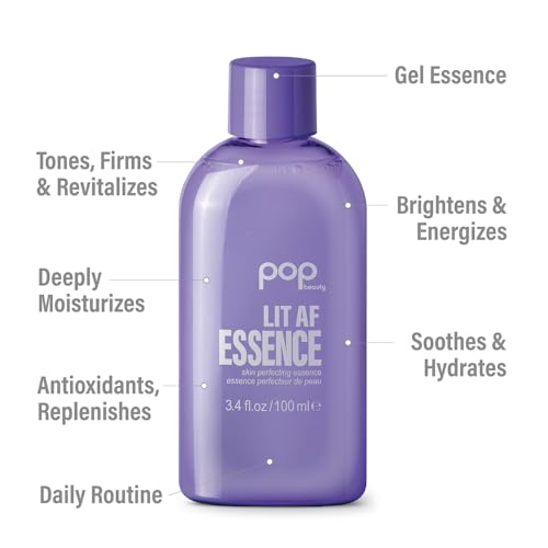 POP Beauty LIT AF ESSENCE - Botanical Gel Essence, Replenish Hydration and Brighten Skin with Niacinamide and Peptides | 3.4 Fl Oz