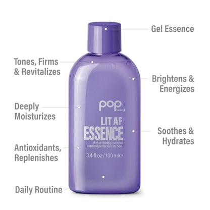 POP Beauty LIT AF ESSENCE - Botanical Gel Essence, Replenish Hydration and Brighten Skin with Niacinamide and Peptides | 3.4 Fl Oz