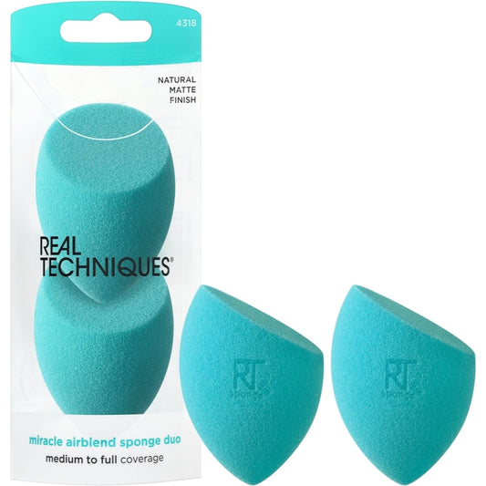 Real Techniques Miracle Airblend Makeup Sponge, Matte Makeup Blending Sponge, For Liquid, Cream, & Powder Products, Offers Medium To Full Coverage, Foundation Sponge, Latex-Free Foam, 2 Count