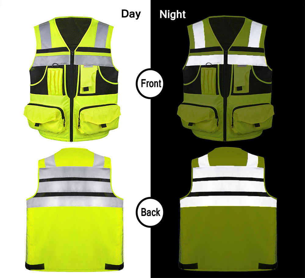 Kasa Style 3M High-Visibility Reflective Safety Vest, Multi-Pocket, Unisex Durable Workwear Ideal for Construction Workers Outdoor