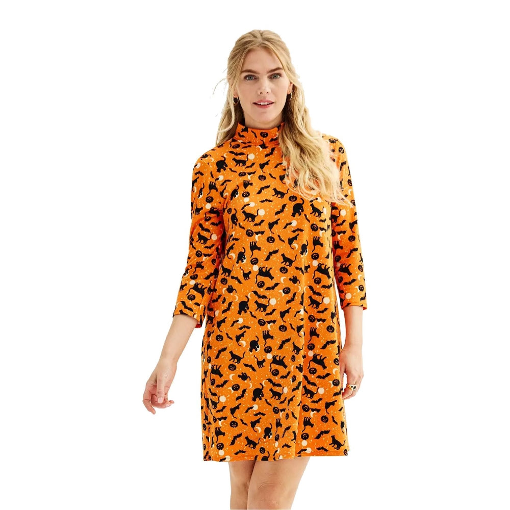 Celebrate Together 3/4 Sleeve Halloween Dress Tshirt Dress for Women Knee Length Orange X-Small