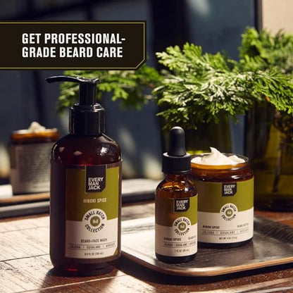 Every Man Jack Small Batch Beard Set - Hinoki Spice Fragrance - Perfect for Every Guy - Full-Sized Grooming Essentials - Beard + Face Wash, Hydrating Beard Oil and Beard Butter