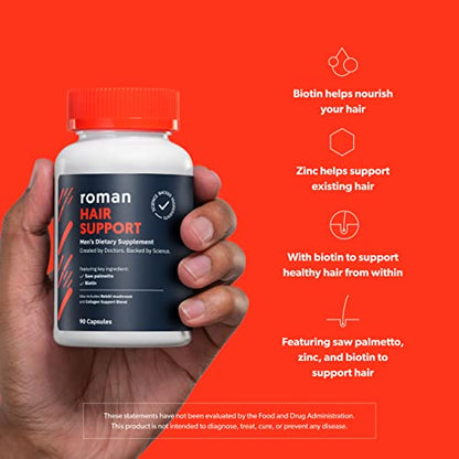 ROMAN Hair Support Supplement for Men | with Saw Palmetto, Zinc, and Biotin to Help Support and Nourish Hair | 30-Day Supply (90 Capsules)