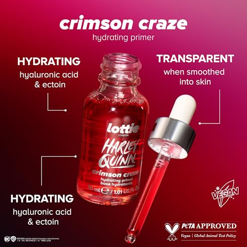 Lottie London x Harley Quinn Crimson Craze Primer, Hydrating crimson serum-primer that grips makeup for long-wear for a dewy glow finish