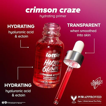 Lottie London x Harley Quinn Crimson Craze Primer, Hydrating crimson serum-primer that grips makeup for long-wear for a dewy glow finish