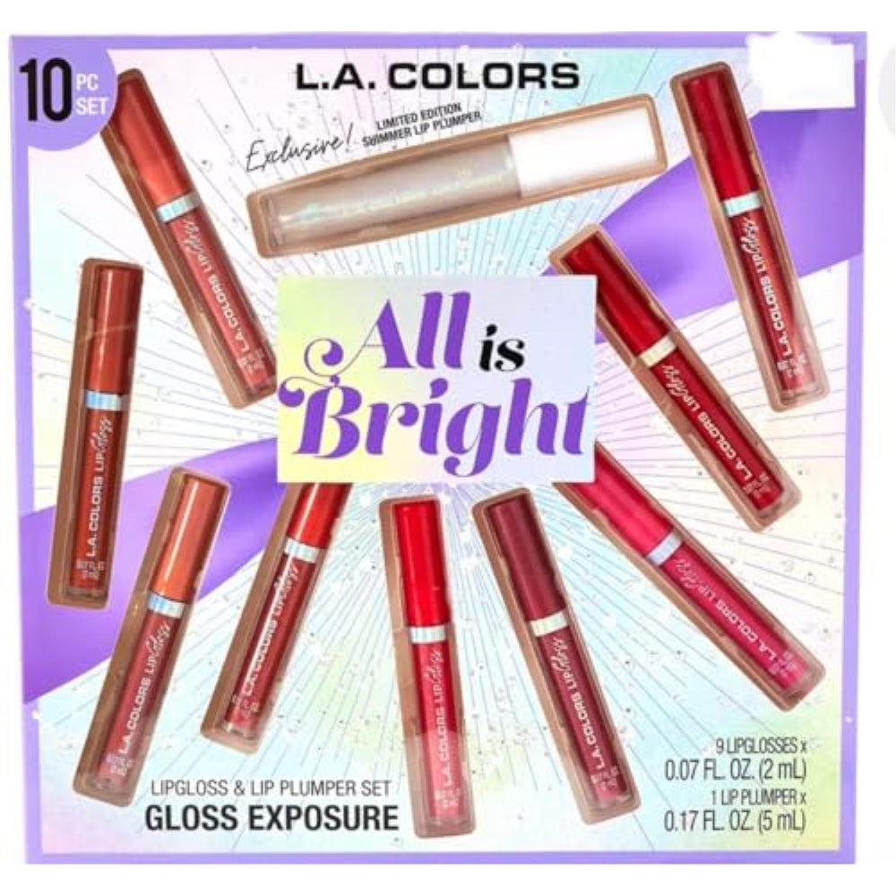 L.A. COLORS All Is Bright 10pc Lipgloss & Lip Plumper Set, Excluxive Limited Edition Shimmer Plumper, Gloss Exposure