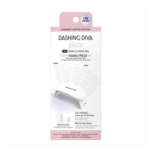 Dashing Diva Glaze LED Semi-Cured Gel Salon Mani + Pedi Kit, Gel Nail Strips, Rice Milk, 55 Count