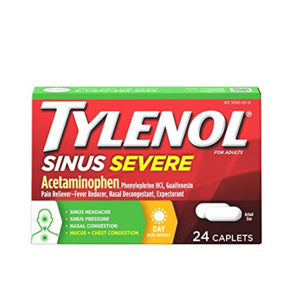 Tylenol Sinus Severe Daytime Cold & Flu Relief Medicine Caplets, Non-Drowsy Pain Reliever, Fever Reducer Expectorant & Decongestant, Acetaminophen, Guaifenesin & Phenylephrine HCl, 24 ct