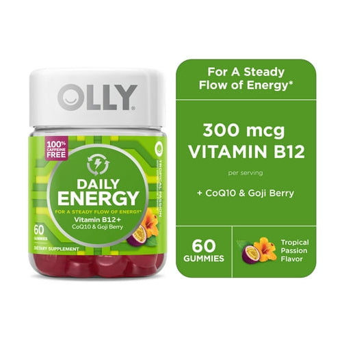 OLLY Daily Energy Gummy Supplement with CoQ10 & B12, Caffeine Free, Tropical, 60 Ct