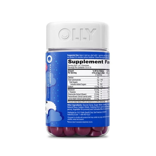 OLLY Kids Sleep Support Gummy Supplement, 0.5mg Melatonin, L Theanine, Raspberry, 70 Ct