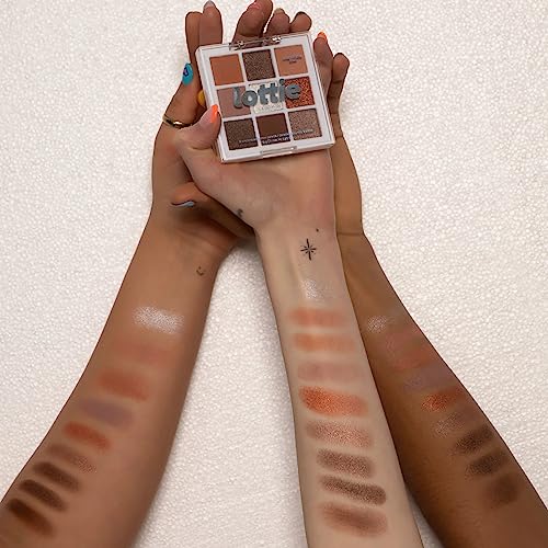 Lottie London Lottie Palette in Chocolate Box, 9 shade compact eyeshadow palette in golden brown tones and neutral shades in a mix of creamy mattes and sparkling shimmers