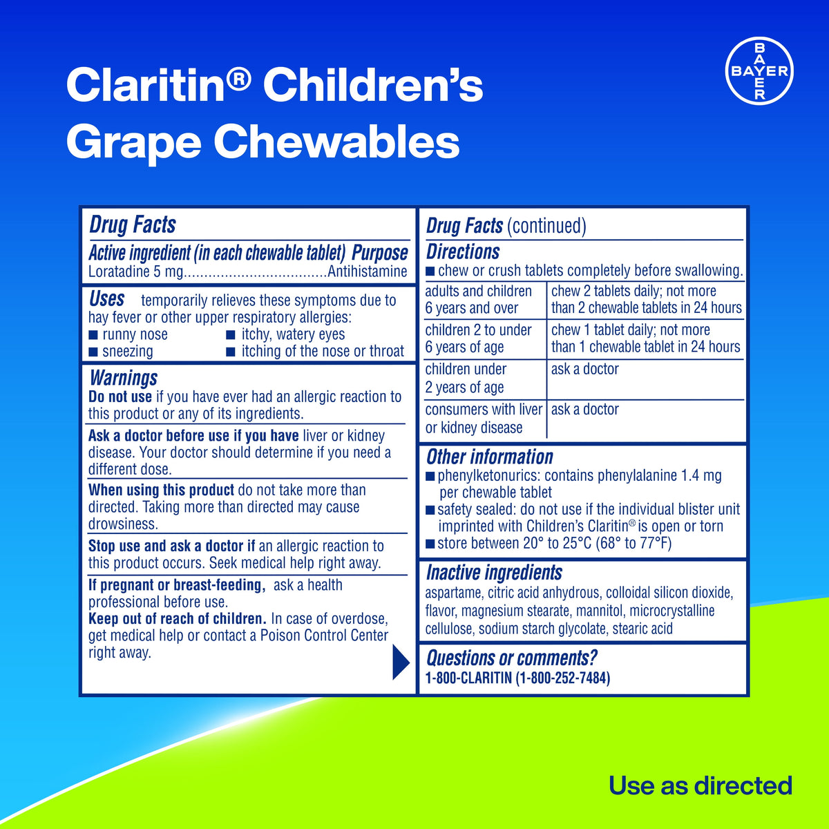 Children's Claritin 24 Hour Non-Drowsy Allergy Relief, Grape Chewable Tablets, Dye-free, 30 Count