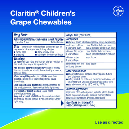Children's Claritin 24 Hour Non-Drowsy Allergy Relief, Grape Chewable Tablets, Dye-free, 30 Count