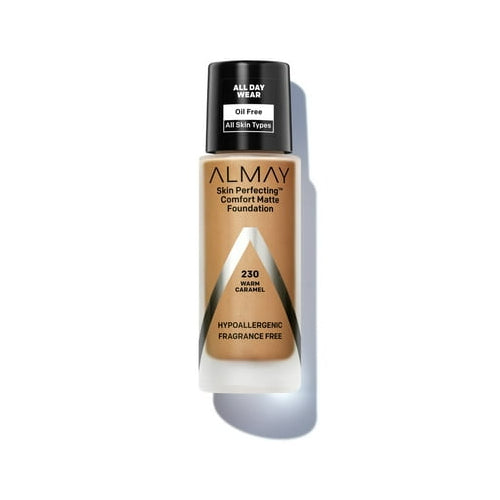 Almay Skin Perfecting Comfort Matt Foundation Makeup, Hypoallergenic, 230 Warm Caramel, 1 fl oz