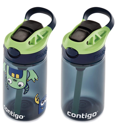 Contigo Aubrey Kids Cleanable Water Bottle with Silicone Straw and Spill-Proof Lid, Blueberry & Monsters, 14 Ounce, 2-Pack