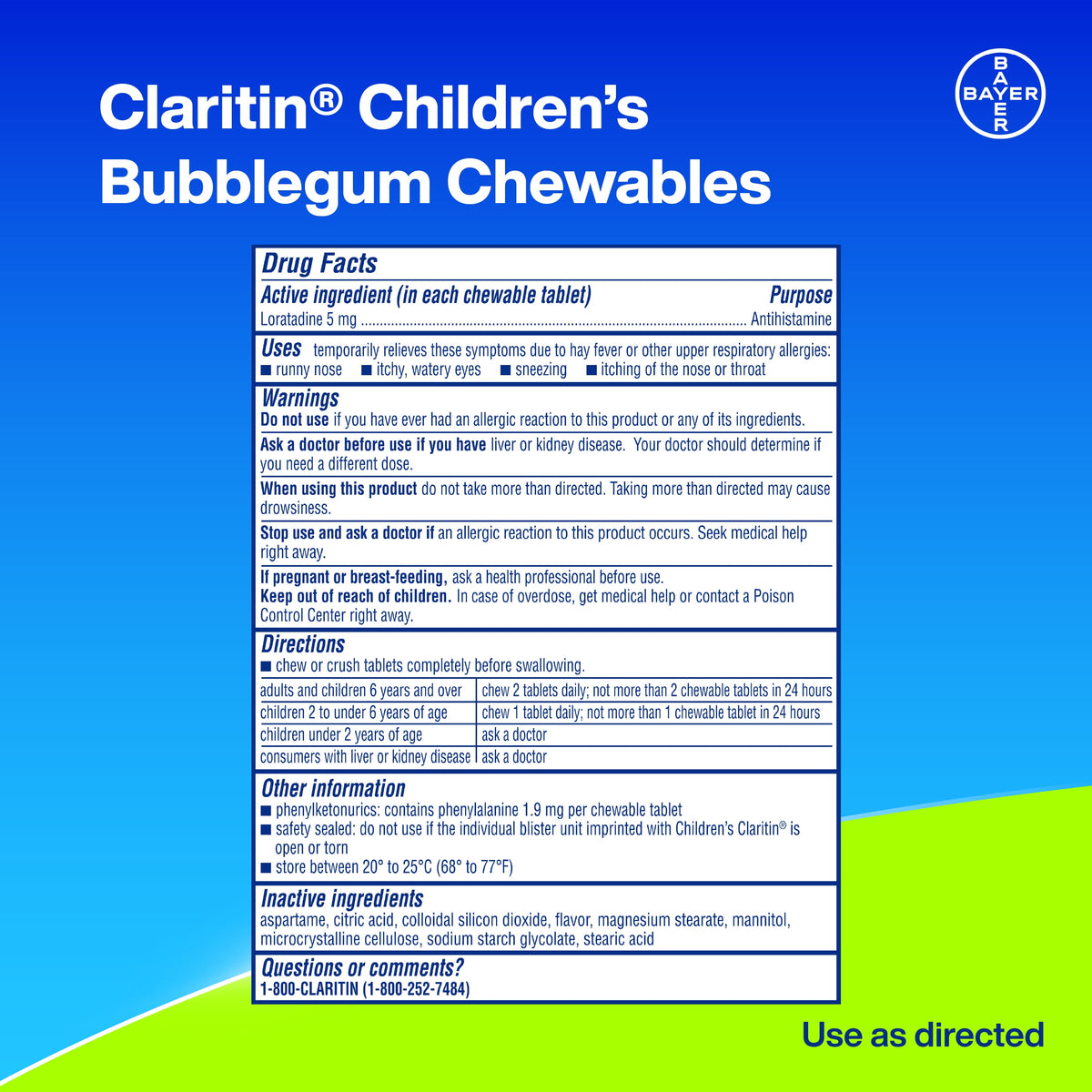 Children's Claritin 24 Hour Non-Drowsy Allergy Relief, Loratadine Antihistamine Bubblegum Chewable Tablets, Dye-free, 30 Count