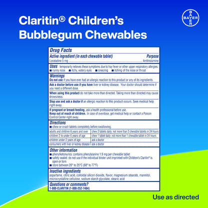 Children's Claritin 24 Hour Non-Drowsy Allergy Relief, Loratadine Antihistamine Bubblegum Chewable Tablets, Dye-free, 30 Count