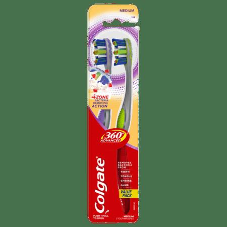 Colgate 360 Advanced 4 Zone Manual Toothbrush Tongue Cheek Cleaner Medium 2 Ct