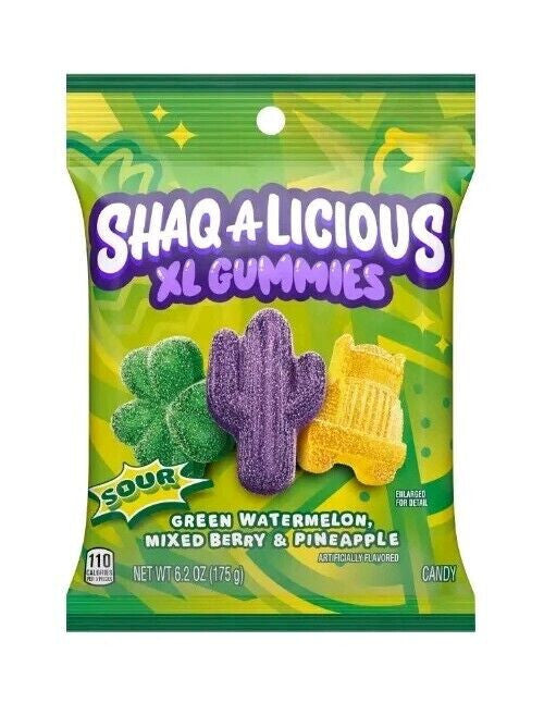Shaq-A-Licious XL Sour Gummies Watermelon Mixed Berry Pineapple 6.2 oz Bag