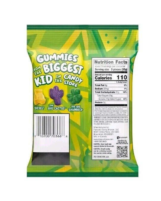Shaq-A-Licious XL Sour Gummies Watermelon Mixed Berry Pineapple 6.2 oz Bag