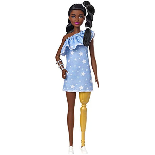 Barbie Fashionistas Doll #146 with 2 Twisted Braids & Prosthetic Leg Wearing Star-Print Dress, White Shoes & Arm Bracelet, Toy for Kids 3 to 8 Years Old