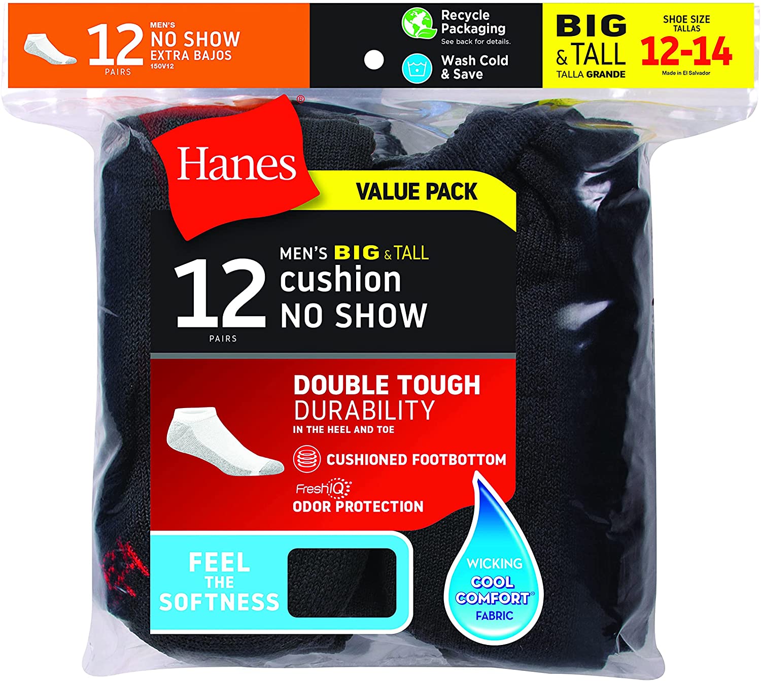 Hanes Men's Ultimate Double Tough FreshIQ No-Show Socks (12 Pack)