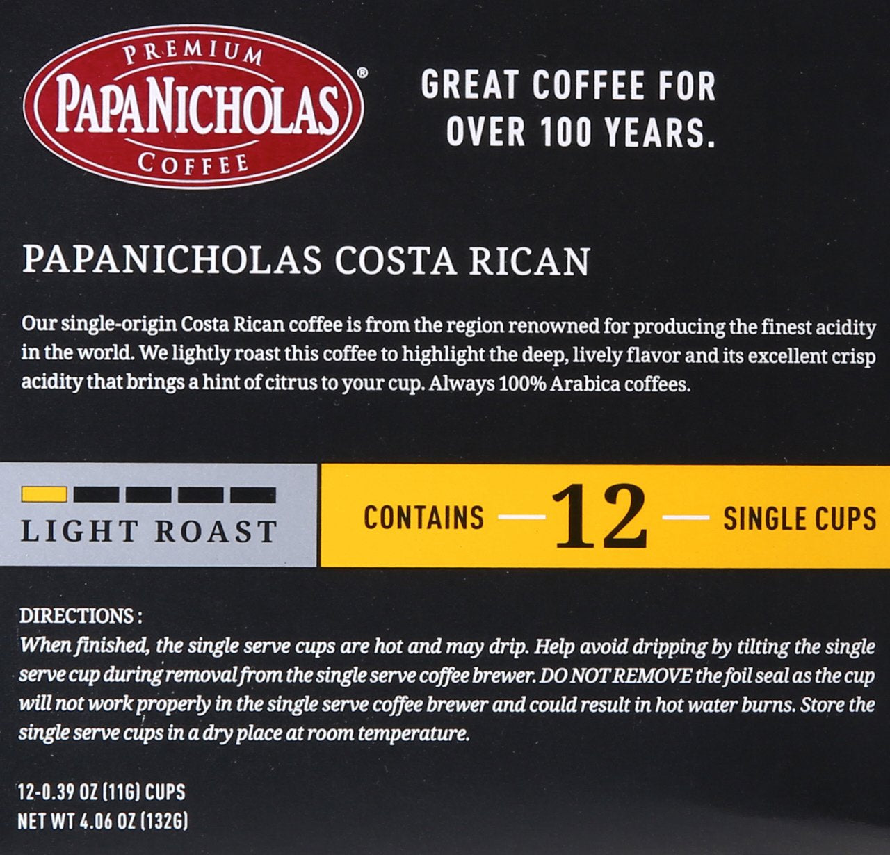 PapaNicholas Coffee Singles Coffee K Cups Brewers Costa Rican 12 Pods