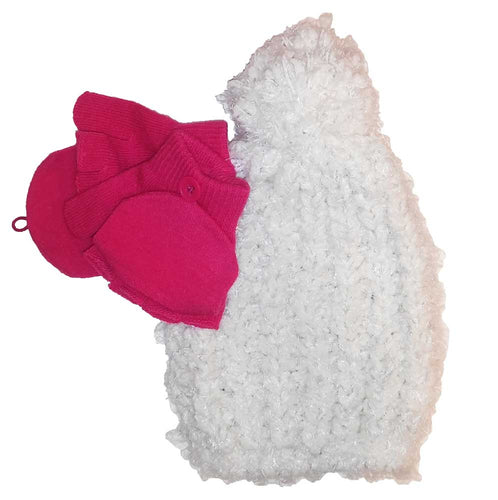 SO Girls Winter Accessories Set Pom Hat Convertible Mittens Ivory/Pink S 4-7